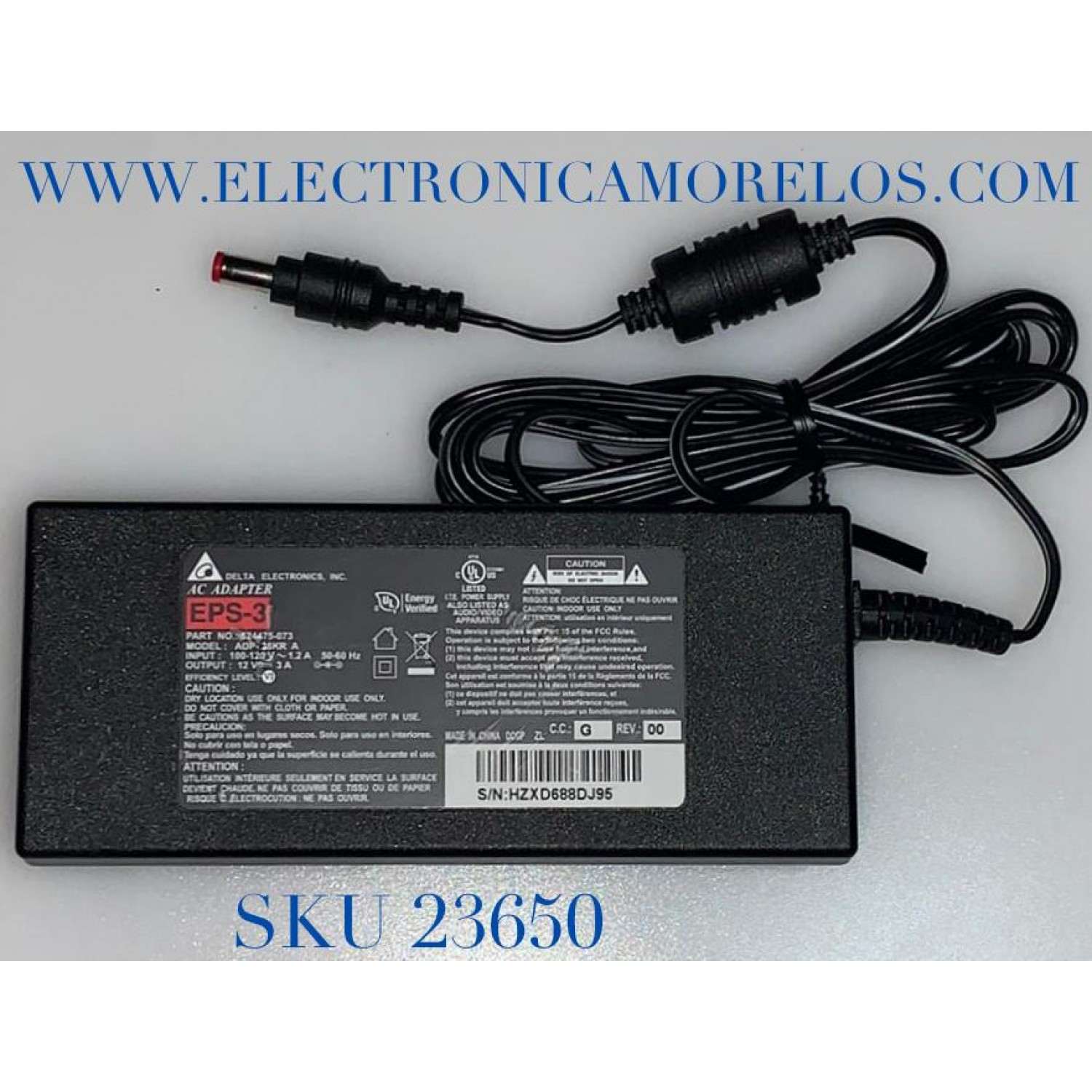 ADAPTADOR DELTA VCA EPS-3 / NUMERO DE PARTE 524475-073 / MODELO ADP-36KR A / ENTRADA VCA 100-120V～1.2A 50-60Hz / SALIDA VCD 12V-3A	